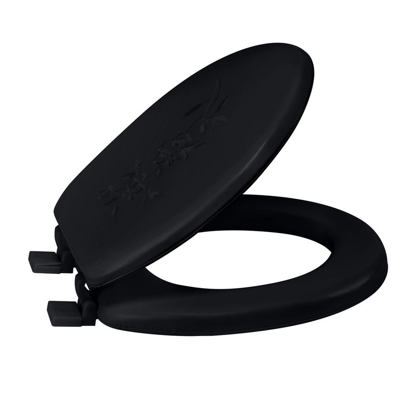 Bath Bliss Extra Soft Standard Round Toilet Seat | Decorative Vinyl Lid | Adjustable Quick Screw Attach Non-Slip Hinges | Bathroom | Black - Image 1